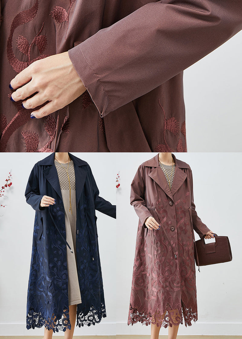 Navy Embroideried Tie Waist Spandex Trench Coats Fall
