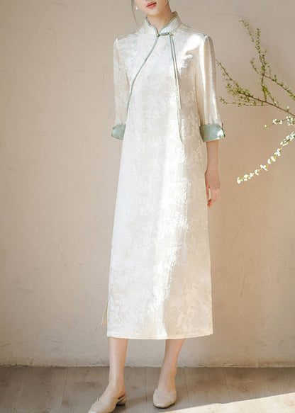 Beige Stand Collar Tasseled Print Patchwork Silk Dresses Fall