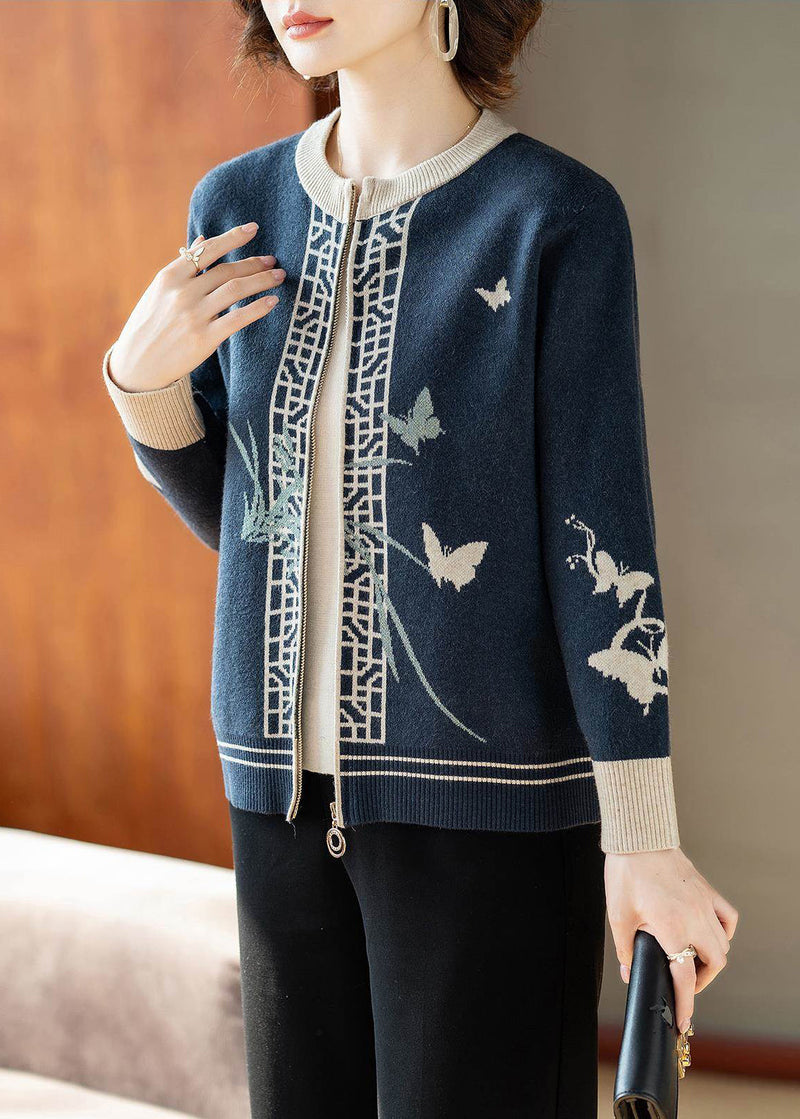 Blue O-neck Print Knitted Cotton Cardigans Fall