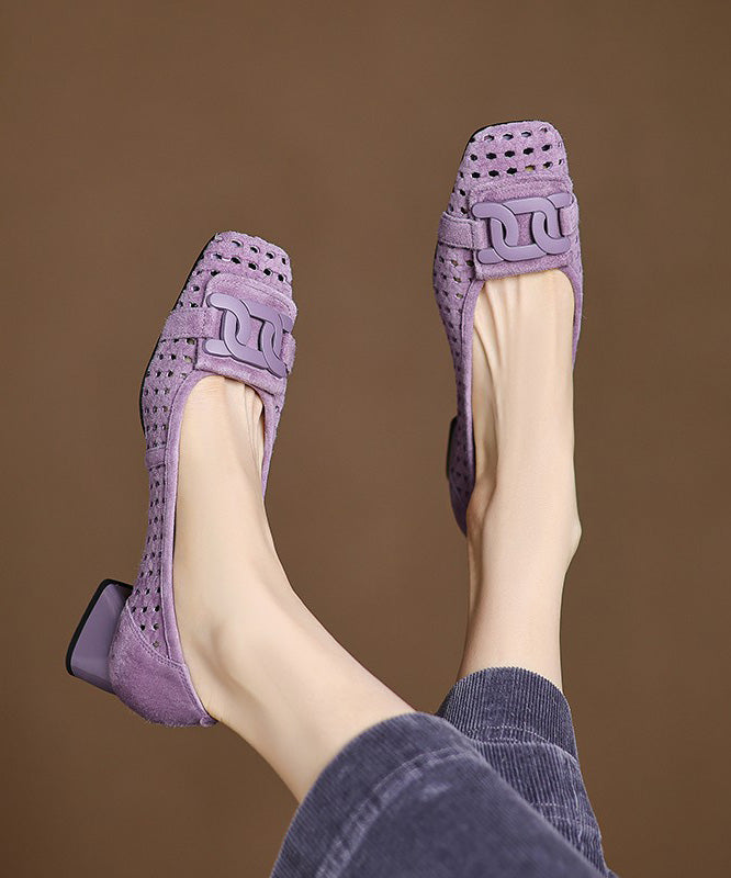Blue Chunky Heels Suede Hollow Out Splicing
