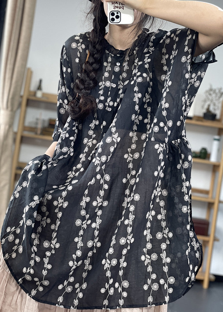 Black Stand Collar Side Open Print Shirt Top Short Sleeve