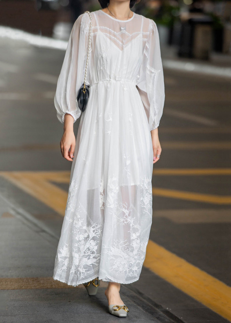 New White Lace Embroidered Lace Up Chiffon Long Dress Spring