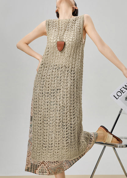 French Khaki Hollow Out Knit Dress and Print Skirts Two Pieces Set Sleeveless