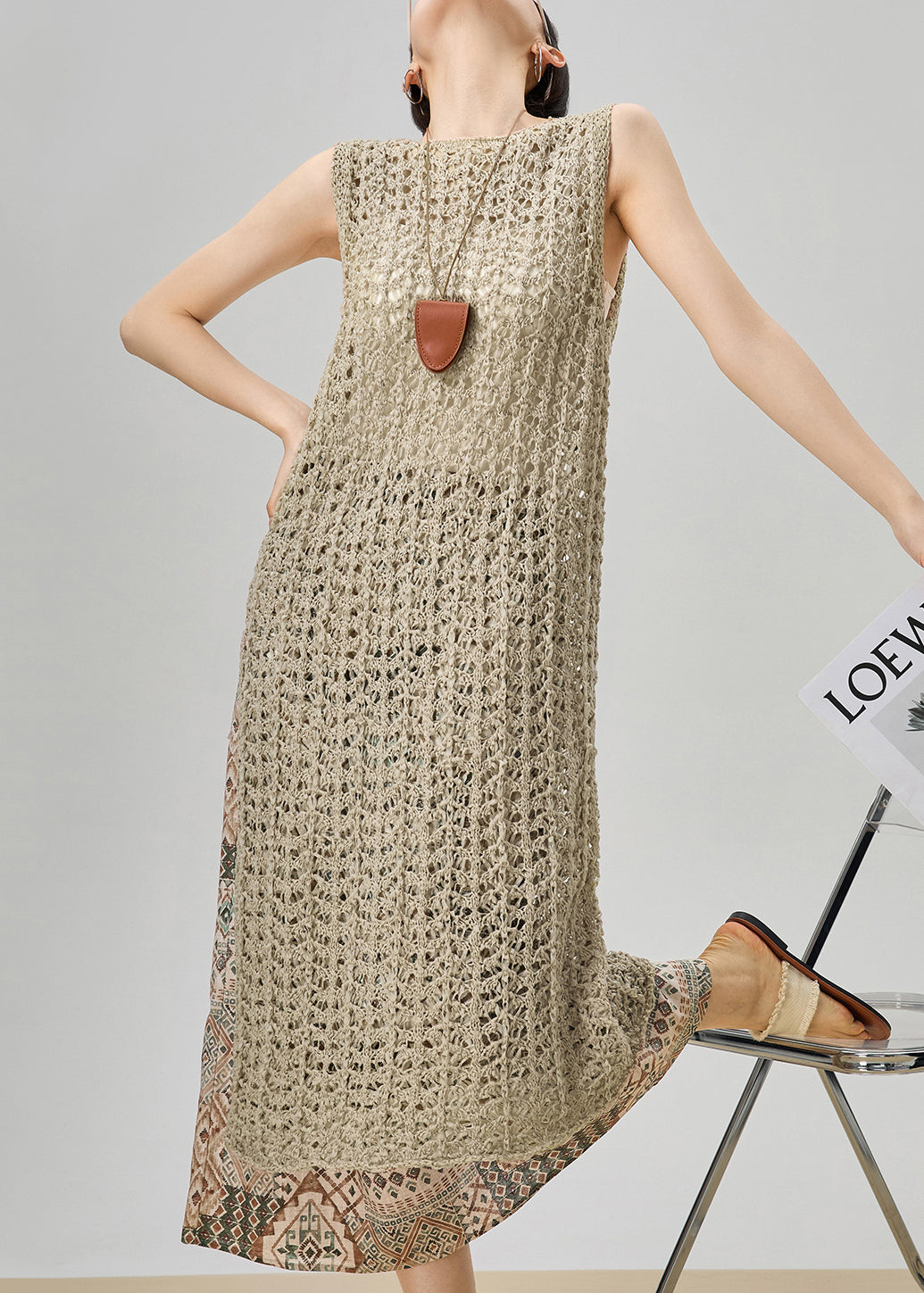 French Khaki Hollow Out Knit Dress and Print Skirts Two Pieces Set Sleeveless