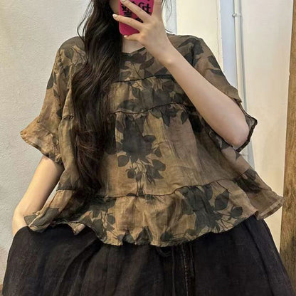 Navy Blue Print Patchwork Linen Top Summer