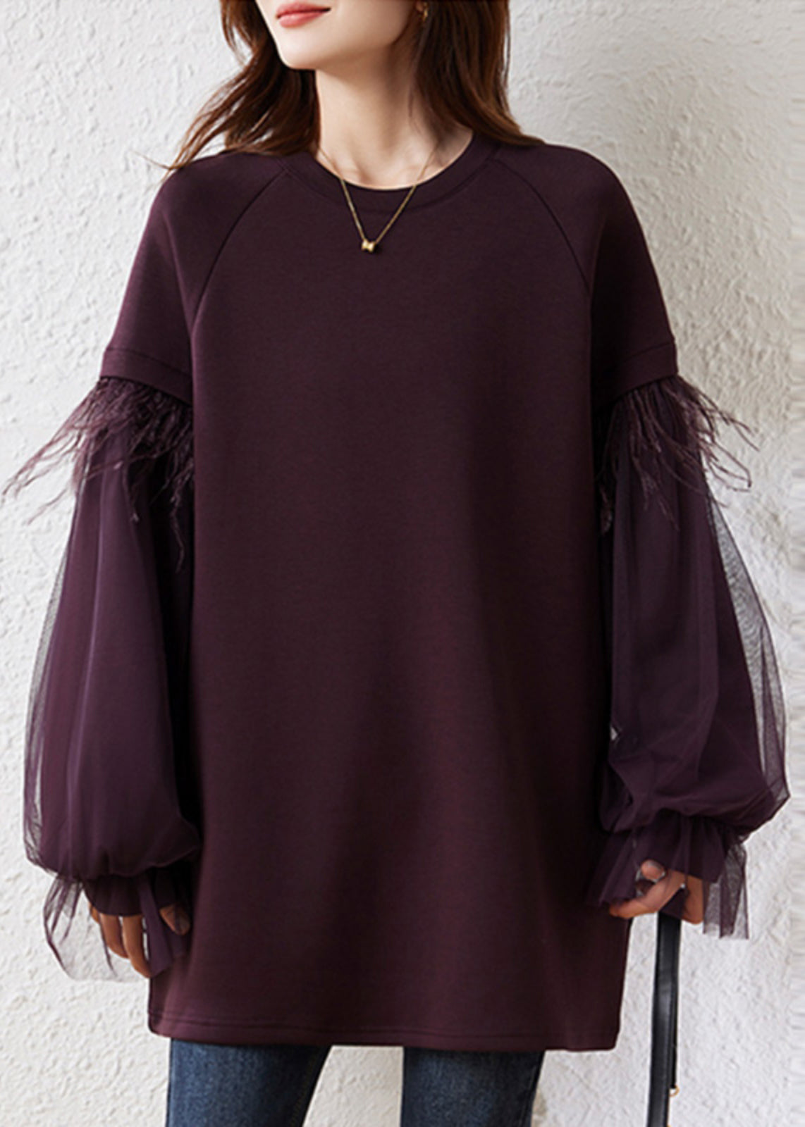 Art Purple Fringe Trim Patchwork Cotton Pullover Fall
