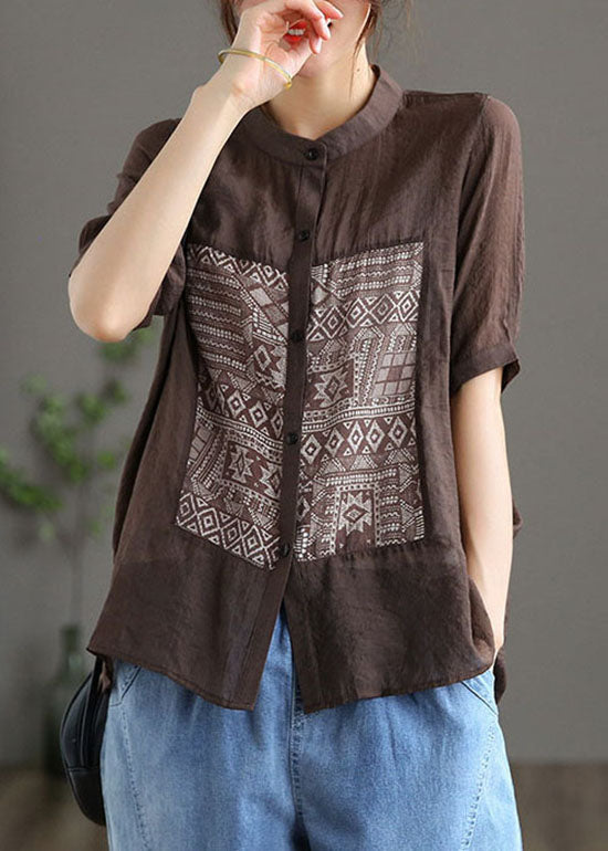 Coffee Stand Collar Print Patchwork Cotton Top Short Sleeve