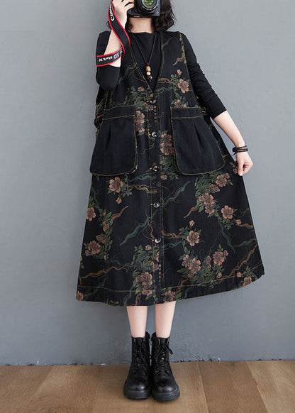 Fitted Black V Neck Button Pockets Print Fall Sleeveless Vest