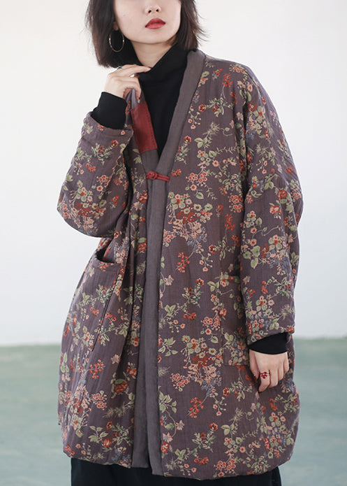Purple Print Chinese Button Fine Cotton Filled Coats Winter
