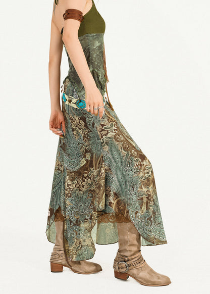 Green Print Top and Maxi Skirts Two Pieces Set Sleeveless