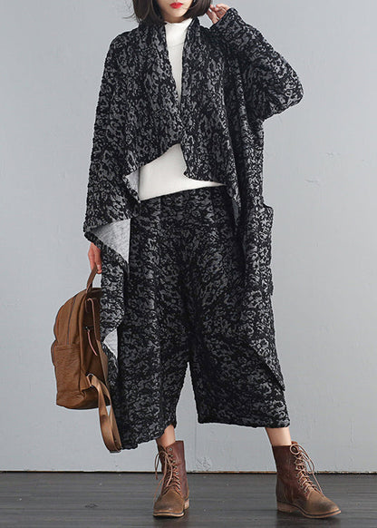 Grey V Neck Asymmetrical Trench Coats and Crop Pants Two Piece Set Fall