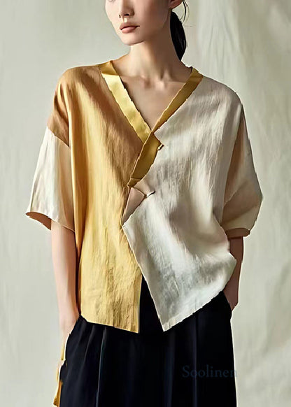 Colorblock Patchwork Linen Blouse Tops V Neck Summer