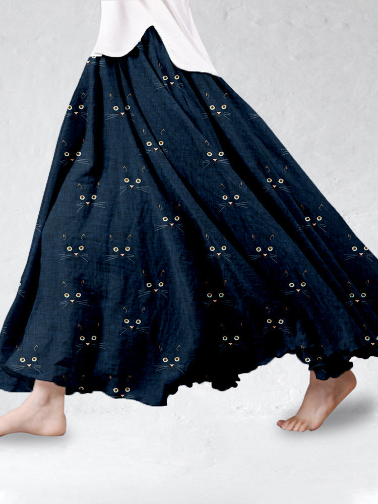 Comstylish Cute Cat Face Pattern Linen Blend Flowy Wide Skirt