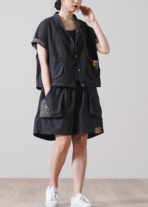 French Pockets Hot Pants Denim Black Short Sleeve Two Pieces Set