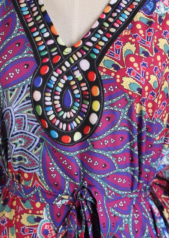 Fitted Purple Print V Neck Beach Gown Holiday Dress Summer