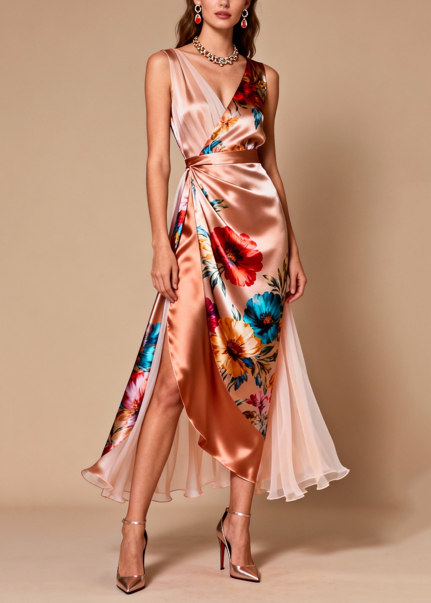 V Neck Print Patchwork Silk Dress Sleeveless