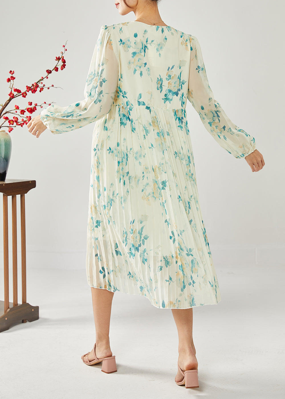 Blue Print Patchwork Ruffles Wrinkled Chiffon Long Dress Spring