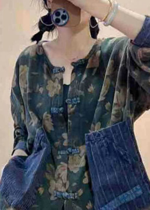Navy Button Print Pockets Cotton Tops Fall