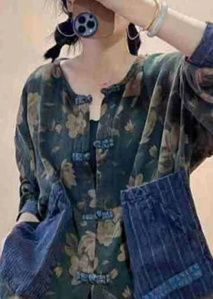 Navy Button Print Pockets Cotton Tops Fall