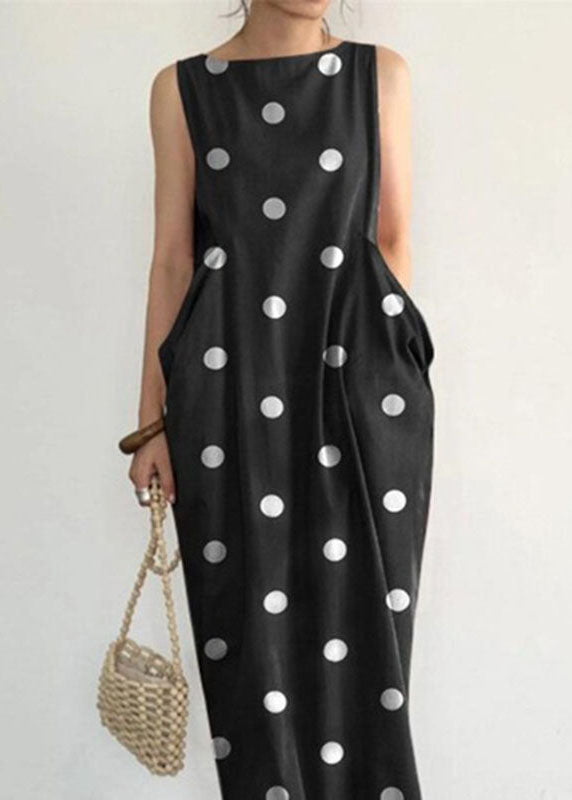 Grace Black Dot Print Pockets Long Dresses Sleeveless Summer