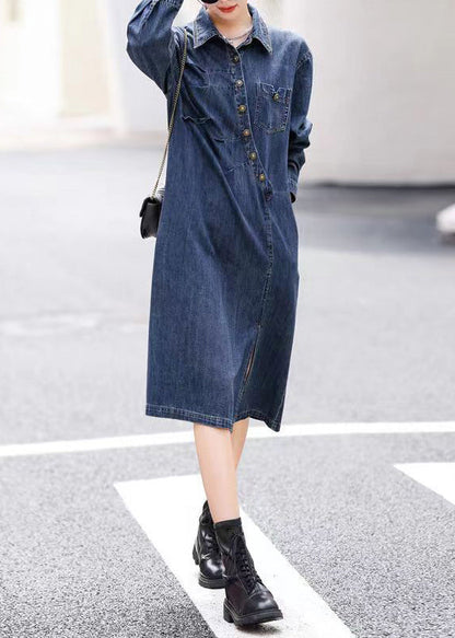 Vogue Blue Asymmetrical Patchwork Side Openopen Button Denim Long Dresses Fall