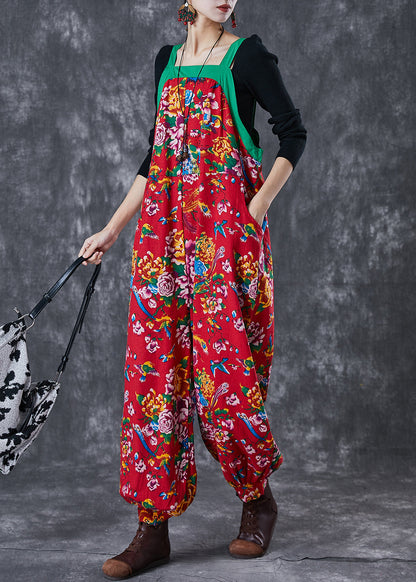Red Print Cotton Overalls Jumpsuit Wear on Both Sides Fall