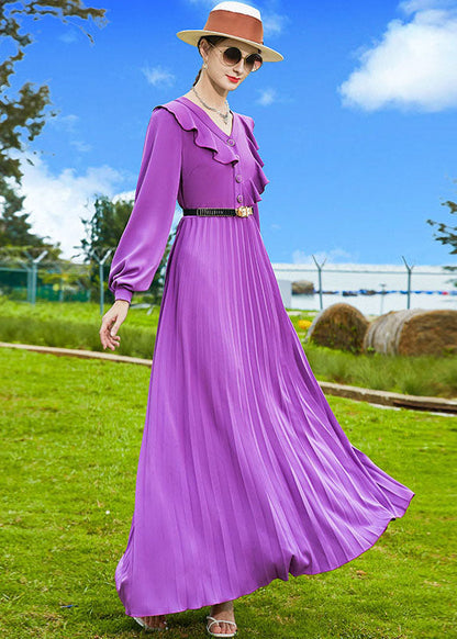 Purple V Neck Patchwork Ruffles Chiffon Pleated Dress Spring