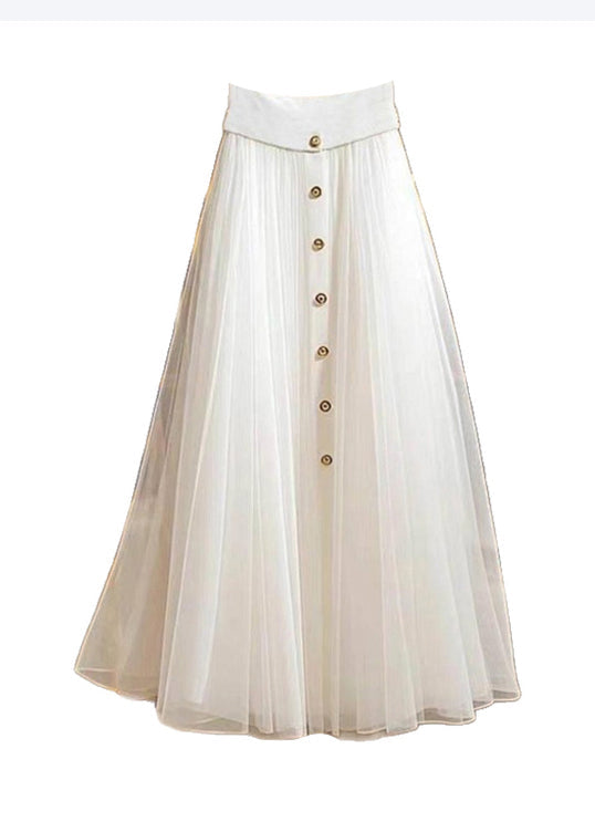 White Single Breasted Patchwork Tulle a Line Skirt Fall
