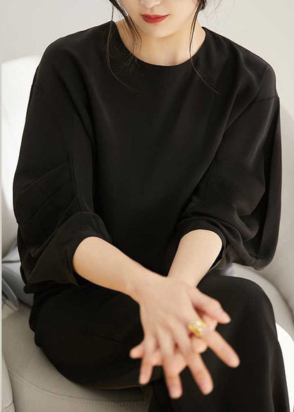 Apricot O-neck Wrinkled Chiffon Top Long Sleeve