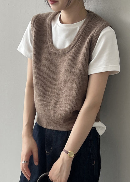 Simple Versatile Green U Neck Knitted Vest Autumn