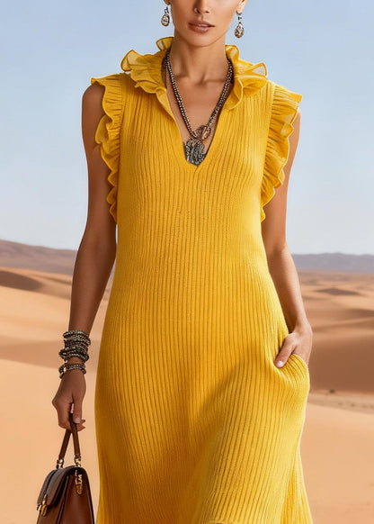 Yellow Ruffled Tulle Patchwork Knit Long Sweater Dress Sleeveless Spring