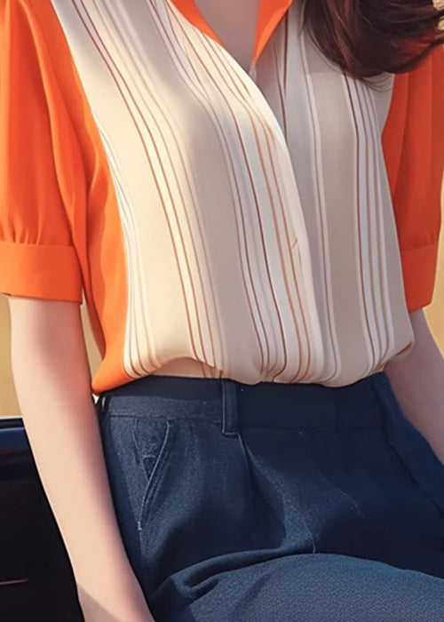 Orange Peter Pan Collar Patchwork Chiffon Shirt Summer