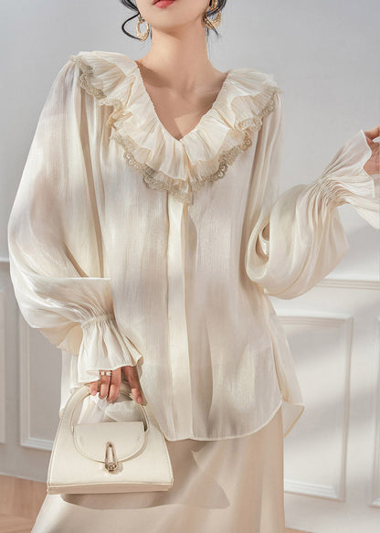White V Neck Ruffled Shirts Spring
