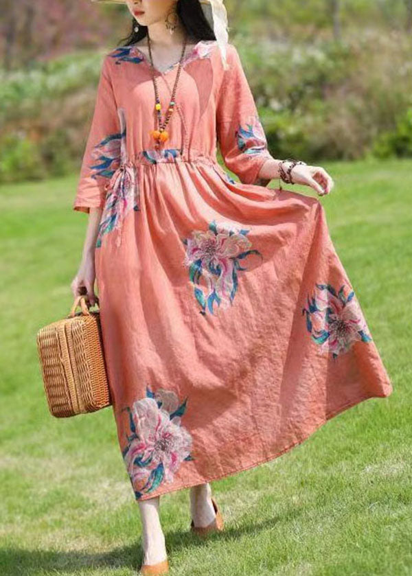 Red V Neck Print Cinched Patchwork Linen Dress Summer