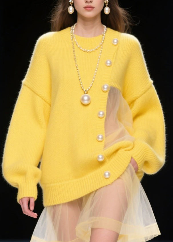 Style Yellow Hollow Out Patchwork Tulle Pearl Knitted Dress Fall