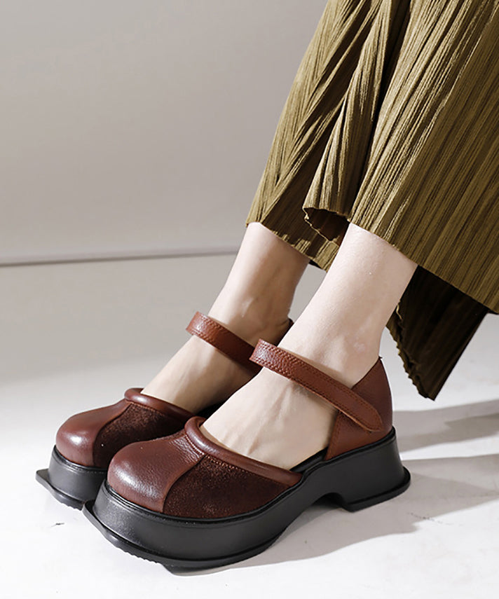Cowhide Leather Splicing Platform Buckle Strap Loafer Shoes