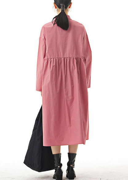 Pink Ruffled Patchwork Cotton Shirts Dresses Spring