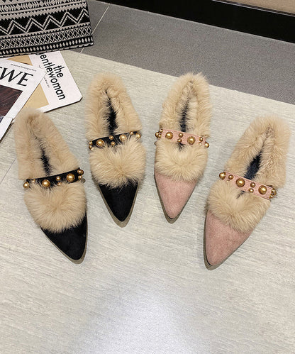 Black Fuzzy Wool Lined Chunky Suede Rivet Pointed Toe Penny Loafers
