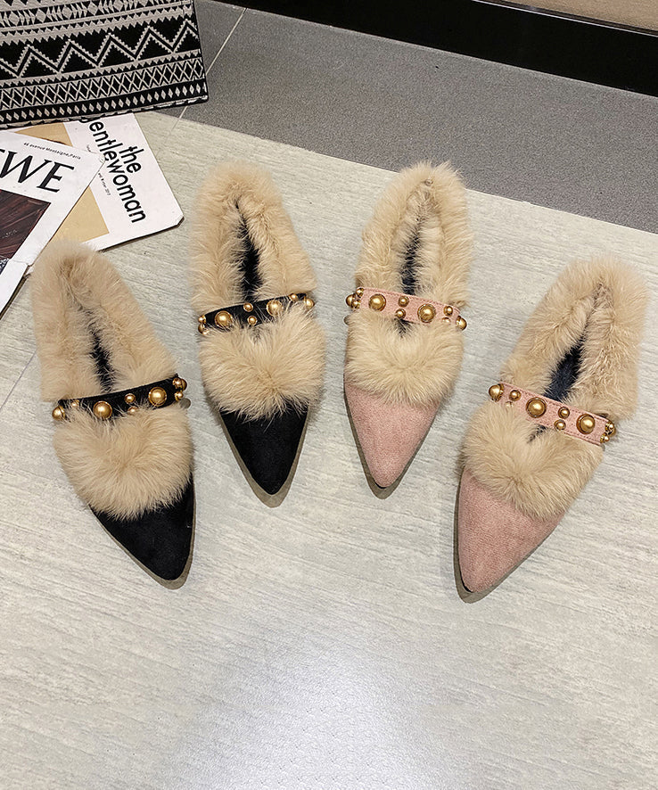 Black Fuzzy Wool Lined Chunky Suede Rivet Pointed Toe Penny Loafers