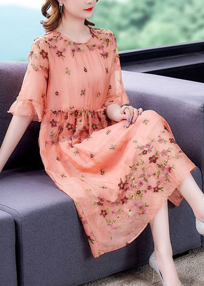 Italian Orange O-neck Embroideried Ruffled Silk Vacation Dresses Summer