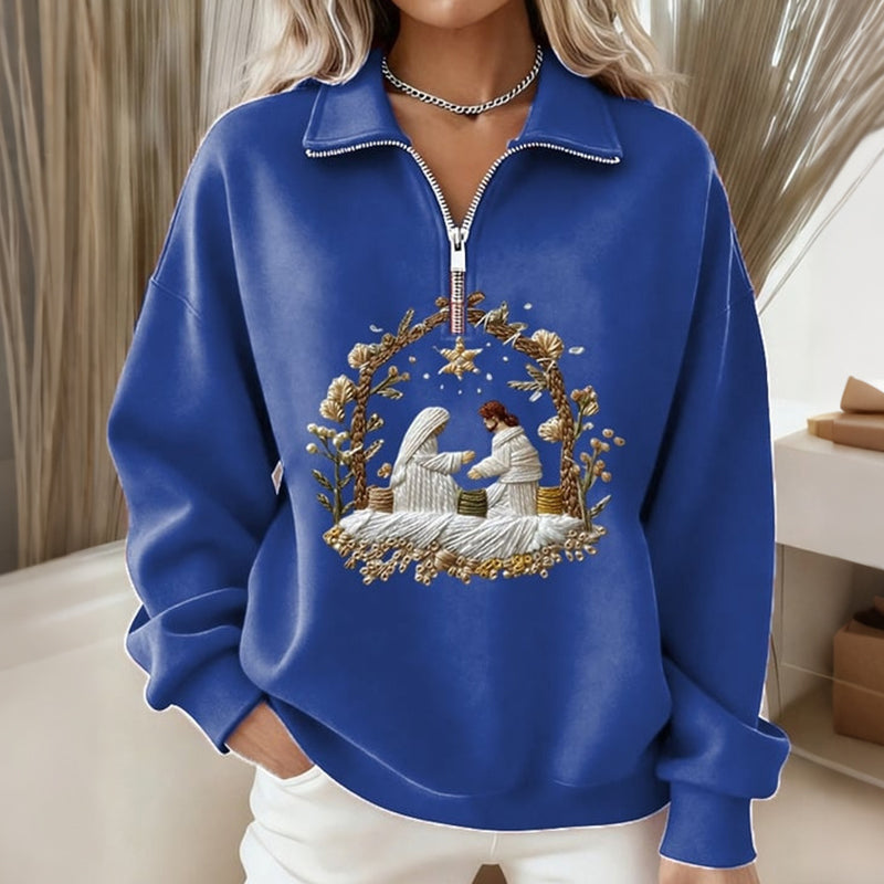 Comstylish Women's Nativity Night Print Zipper Sweatshirt
