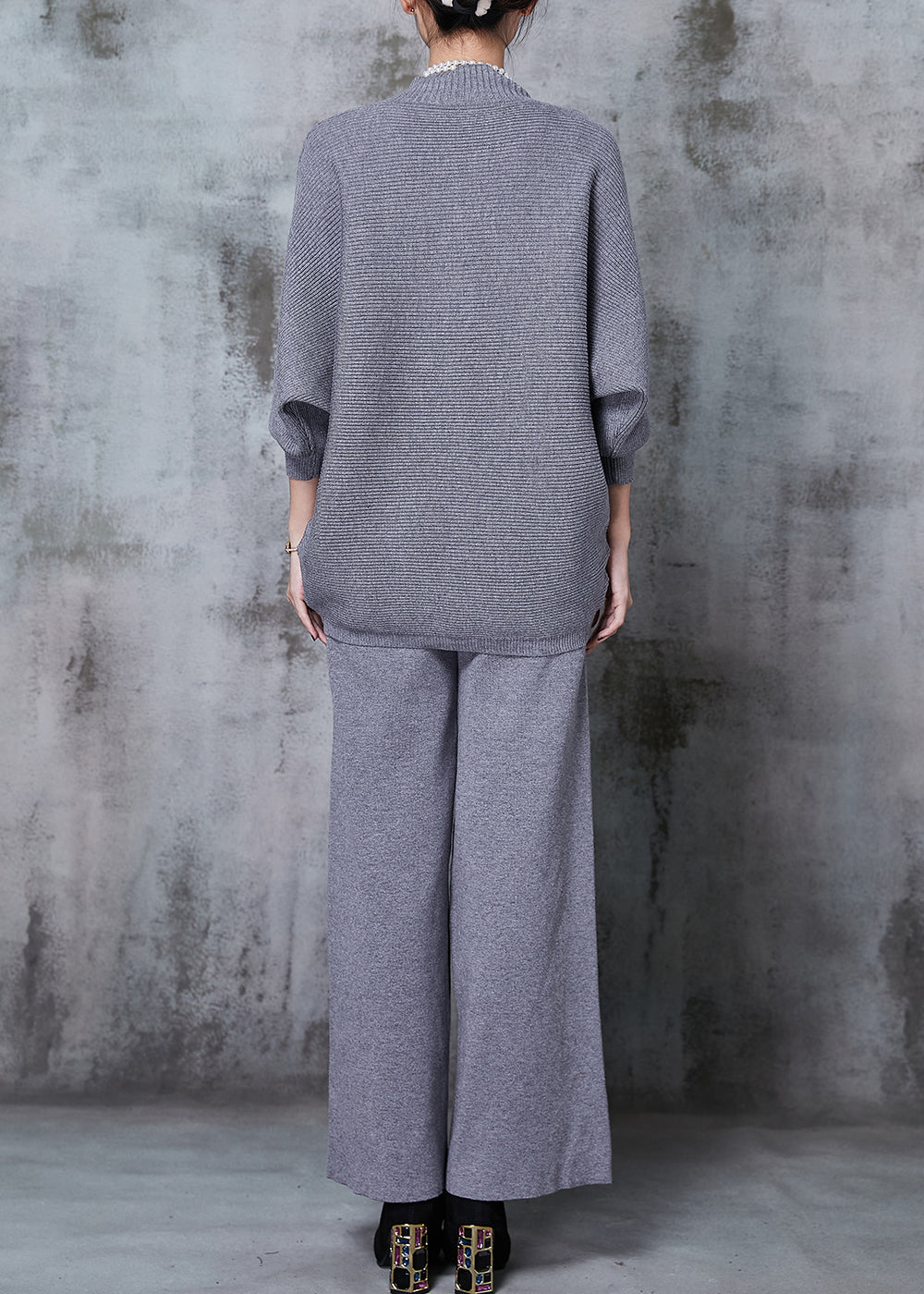Grey Asymmetrical Design Knit Two Pieces Set Batwing Sleeve