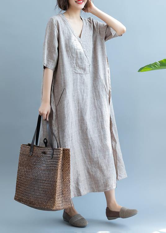 French Khaki Linen Dress V Neck Robe Summer Dresses