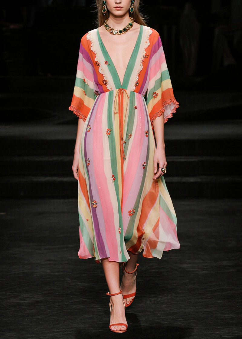 V Neck Striped Chiffon Vacation Dress Half Sleeve