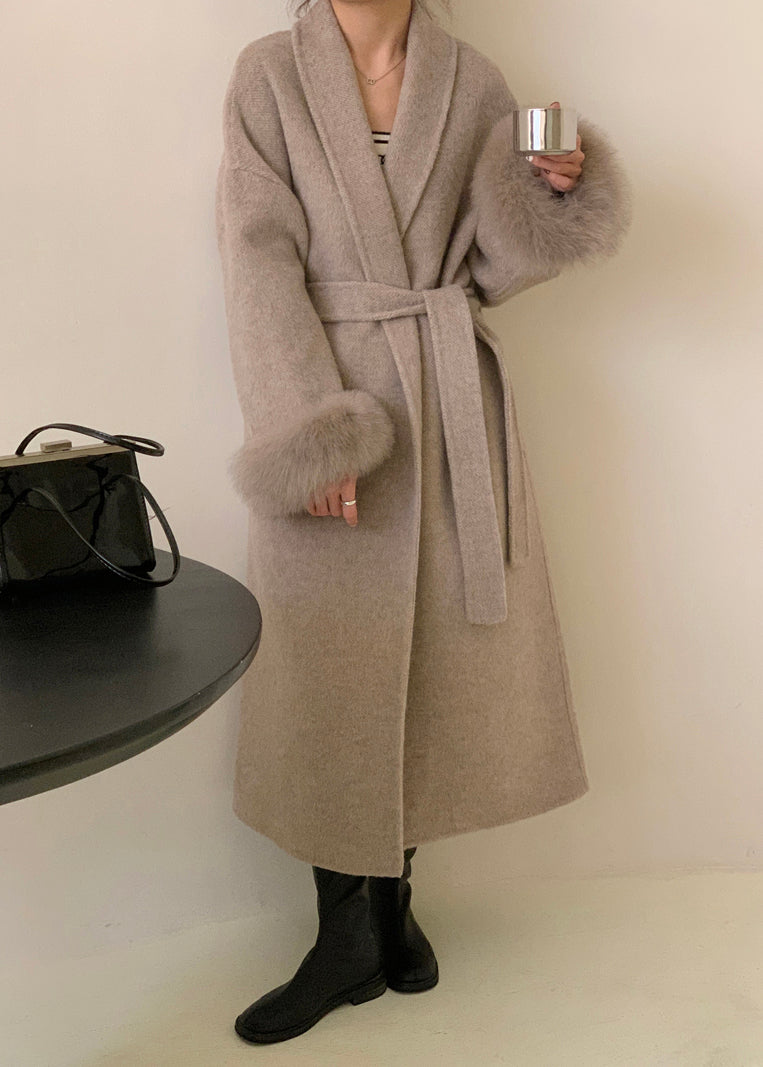 Grey Fox Fur Patchwork Woolen Duster Coat Winter