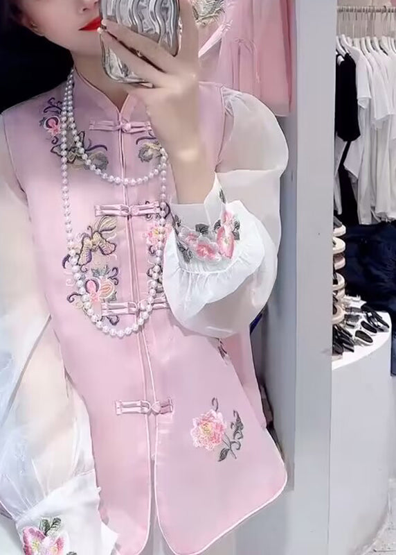 Diy White Embroideried Button Chiffon Waistcoat and Shirts Two Piece Set