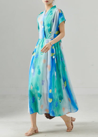 Blue Cinched Tie Dye Chiffon Dress Summer