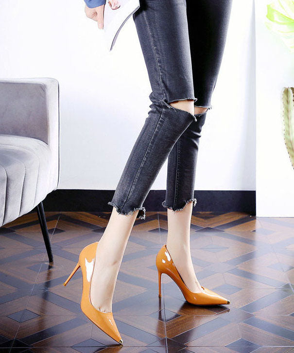 Pointed Toe Stiletto High Heels Orange Cowhide Leather