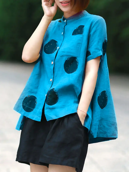 Blue Dot Print Patchwork Linen Top Button Stand Collar Summer