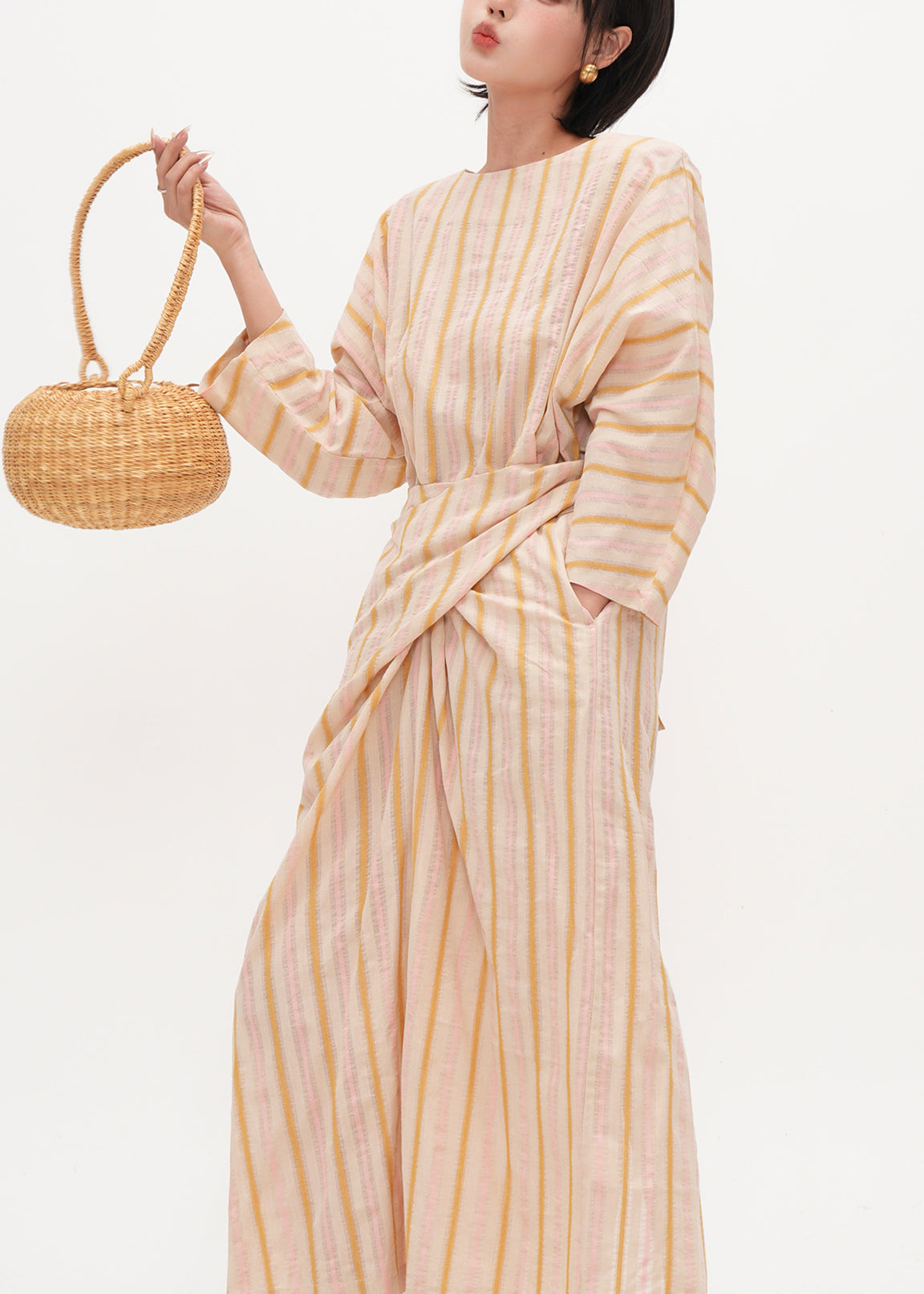 Beige Asymmetrical Striped Cotton Tunic Dress Fall
